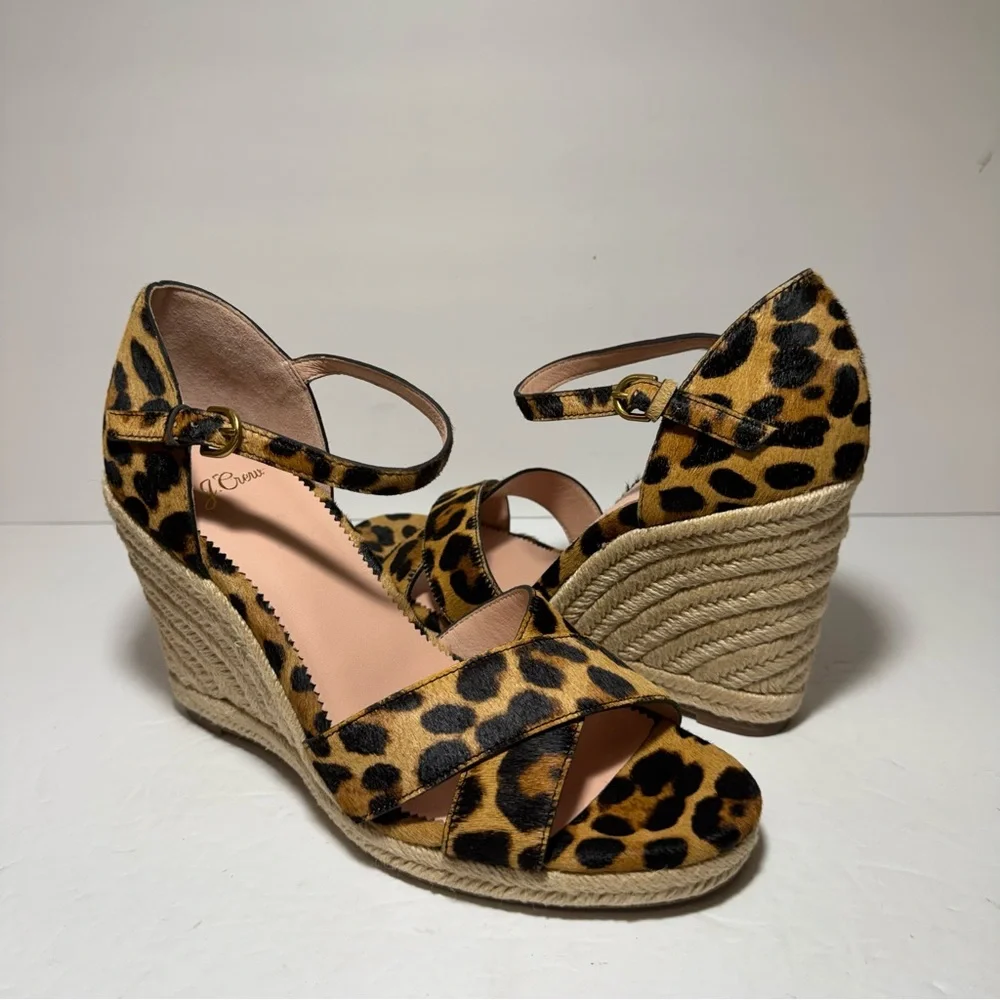New J. CREW Leopard Print Calf Hair Tan Black Wedge Espadrille Sandals Size 9.5